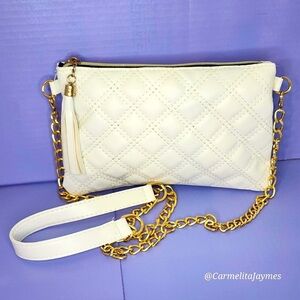 White And Gold Quilted Diamond Pattern Gold Tassel Clutch And Crossbody Purse 🆕